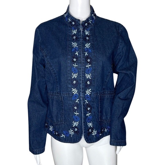 The Vermont Country Store Embroidered Denim Jacket Women's M Blue‎ Floral Boho - Picture 1 of 8
